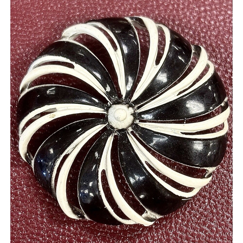 Vintage Black White Swirl Brooch Pin Mid Century Mod Atomic Statement Jewelry